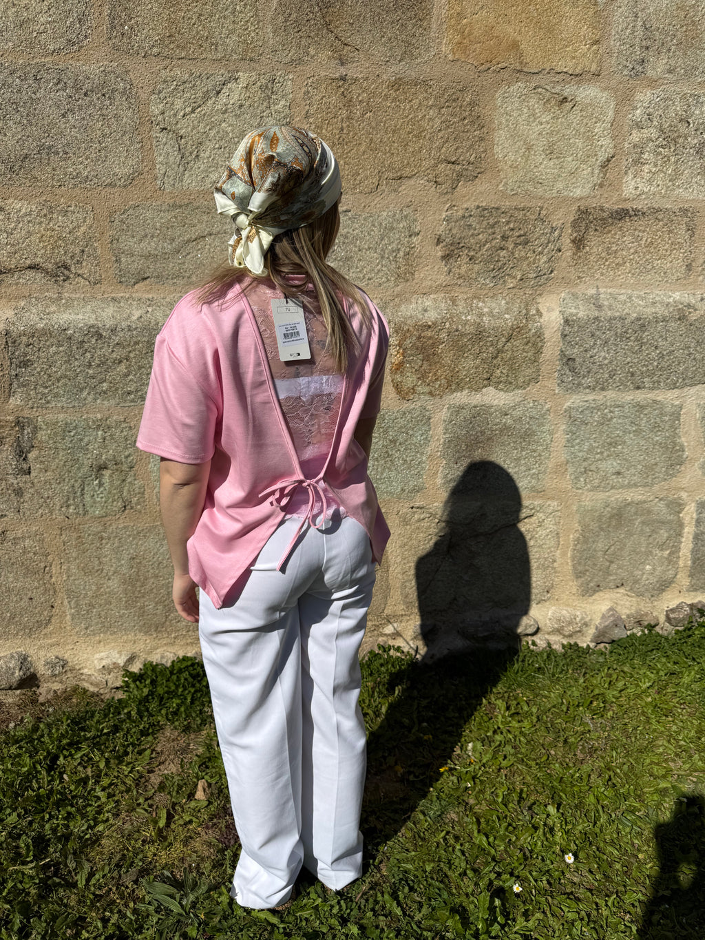 T-shirt dentelle lacets Rose